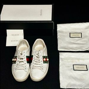 Gucci Ace Stud Sneakers Rockstuds Pearls White Leather 5.5 US or 35.5 EUR